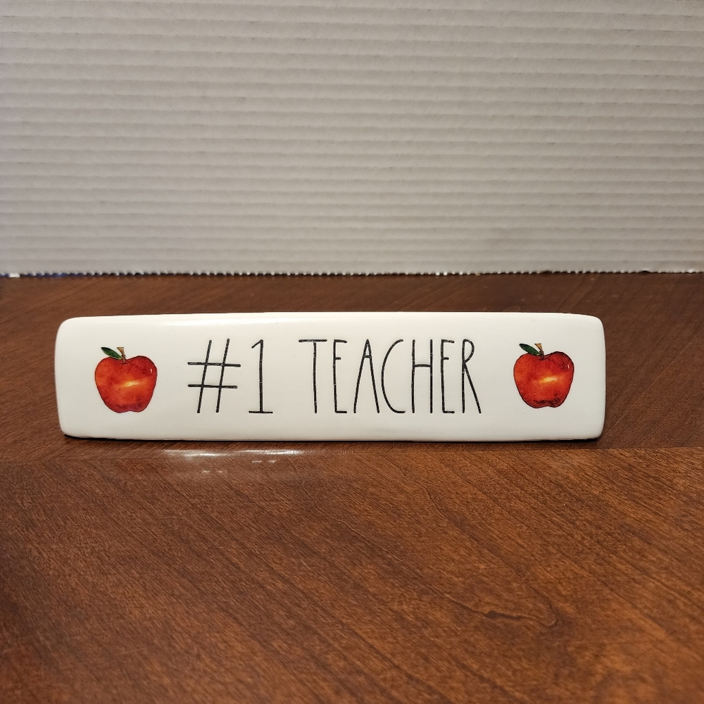 Rae Dunn #1 Teacher apple Paperweight Sign Desk Plaque office 8 1/4”